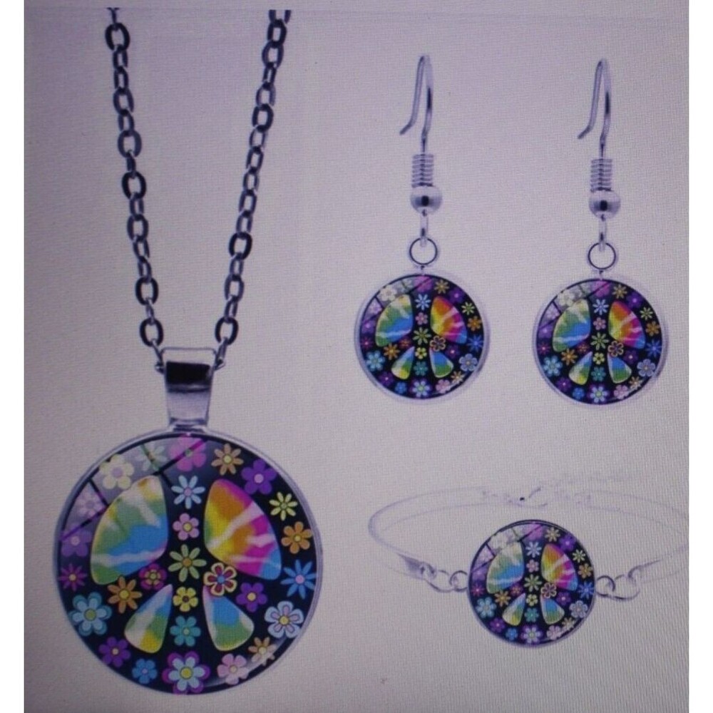Four Pc Peace Sign Multi-Color Jewelry Set Necklace Bracelet Earrings FashionNIP